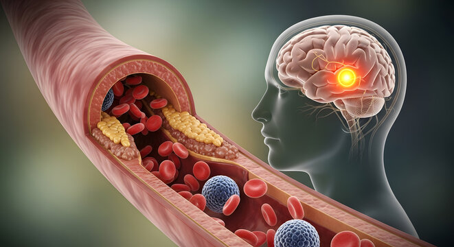 Human brain and clogged blood vessel with plaque and red cells showing an active medical condition
