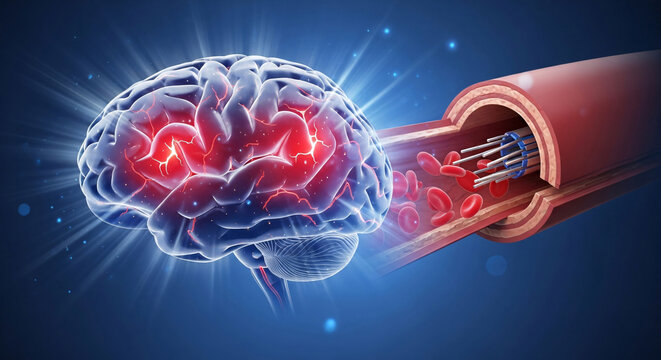 Human brain glowing with active or damaged areas receiving blood supply from a vessel cross section