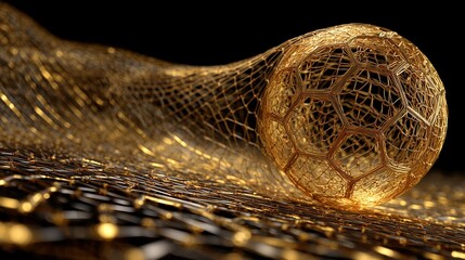 Naklejka premium Abstract golden soccer ball hitting net made of gold wire mesh against black background with shallow depth of field