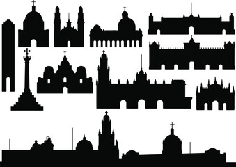Naklejka premium Architectural landmark silhouettes, famous buildings, cultural heritage illustration, religious monuments, historic towers, domed structures, vector art, city skyline, travel architecture design