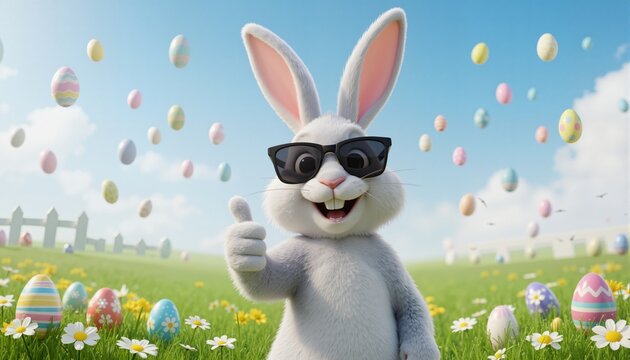easter bunny rabbit background. giving thumbs up smiling Easter bunny rabbit with sunglasses
