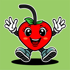 Cute Cherry Mascot Cartoon Character Waving Hands in Colorful Vector Illustration Style