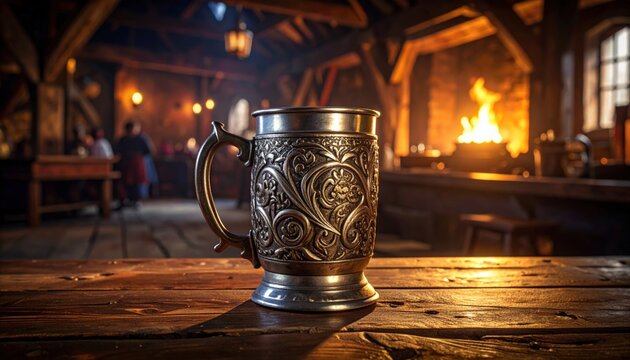 Ornate Pewter Tankard with Intricate Engraved Scrollwork Rests on a Rustic Wooden Table in a Cozy Tavern