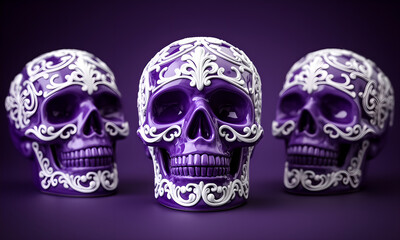 Fototapeta premium Vibrant purple Day of the Dead skulls with elegant white filigree patterns, studio shot.