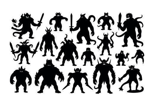 A collection of black silhouette monsters and scary demons with horns and weapons on a white background