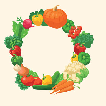 Fresh Organic Vegetables Harvest wreath  with Pumpkin, Carrot, Tomato and Pepper