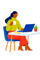 Businesswoman working at laptop and drinking coffee vector illustration, female office worker enjoying coffee break while using computer,  isolated on transparent background