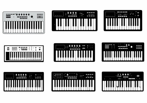A collection of nine various vector illustrations and silhouettes of electronic music synthesizers and MIDI keyboard controllers for production icons.