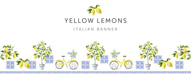 Naklejka premium Lemon trees in a pots, branches with yellow lemon fruits, green leaves, blue ceramic tile, bicycles, white background. Banner template with text. Vector illustration. Italian coast. Summer border