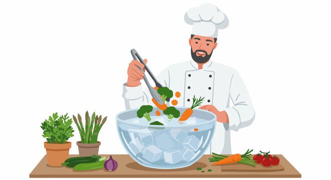 A male chef blanching fresh vegetables like broccoli and carrots in a large bowl of ice water using tongs, illustrating professional food preparation.
