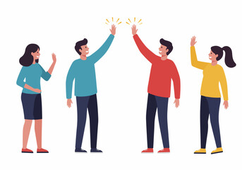 Fototapeta premium Team Celebration: Diverse Group of People High-Fiving and Waving, Illustrating Teamwork, Success, and Greeting on a White Background.