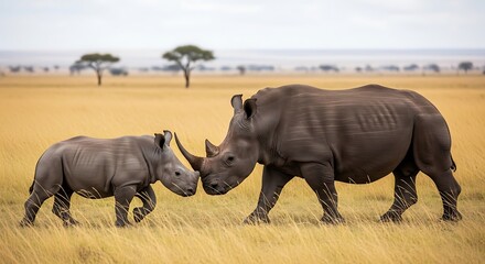 Fototapeta premium Mother and baby rhinoceros walking across the savanna together