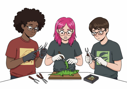 Diverse young students using tools and gloves to carefully dissect a green lizard specimen during a science class experiment.