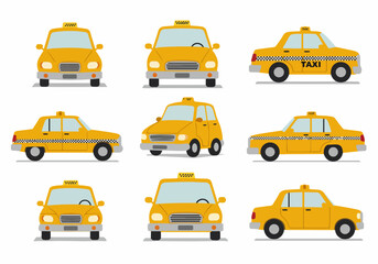 Vector set of nine different yellow taxi cab illustrations in various models, featuring front and side views isolated on a white background. © Nafa Project