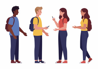 Fototapeta premium Group of diverse young adult students with backpacks standing and interacting, symbolizing education, teamwork, and modern campus life.