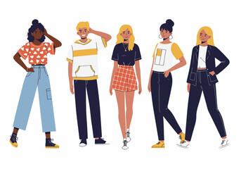 Fototapeta premium Diverse group of trendy young men and women standing together in fashionable clothes, showcasing modern street style and unity.