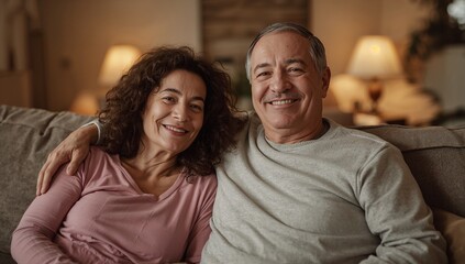 Fototapeta premium Smiling senior couple sitting closely on sofa in living room, wearing long-sleeves, table lamps