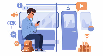 Young man riding the subway, listening to media on his smartphone, illustrating urban digital connectivity and transit.