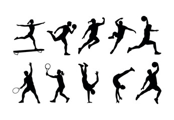 Obraz premium Dynamic black silhouettes of multiple athletes engaging in diverse sports activities and exercises