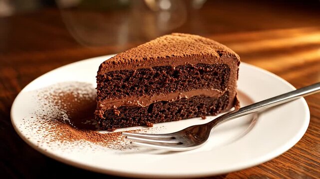 Delicious chocolate cake slice on white plate with fork