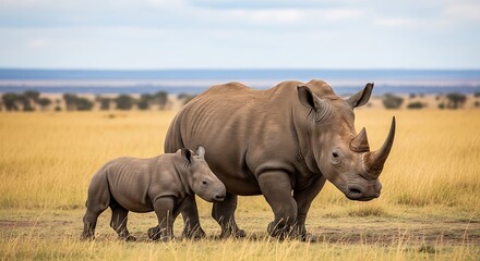 Obraz premium Mother and baby rhinoceroses grazing in the savanna under a clear sky