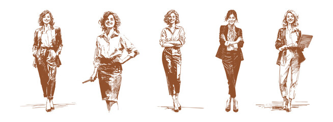 Elegant business woman professional confident standing pose. Modern female office character with stylish outfit and leadership presence. Pencil sketch drawing style. Banner for corporate presentation.