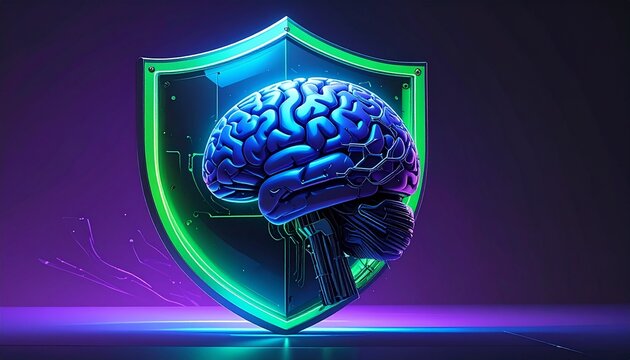 3D human brain with glowing cyber shield technology futuristic protection digital security