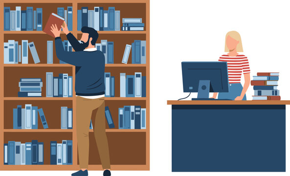 Man Organizing Books on Wooden Bookshelf While Female Librarian Works at Reception Desk With Computer in Modern Library Interior Flat Illustration