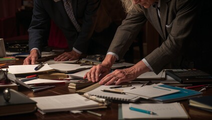 Fototapeta premium Sorting two senior men wearing suits leaning over wood table at office, aligning papers and notes