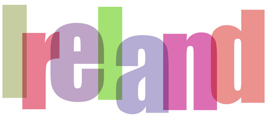 Colorful Ireland text design with overlapping transparent letters in green, purple, pink, and red hues, creating a modern graphic resource for travel and cultural themes. © Drago Designer