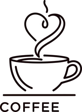 Minimalist line art logo featuring a hot cup of coffee with steam elegantly forming a heart shape above the beverage