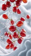 Fresh red berries splashing in water, creating dynamic droplets against a soft white background