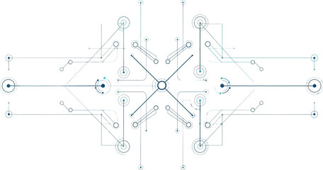 Minimalist abstract electronic circuit board design featuring symmetrical geometric lines and interconnected nodes against a clean white background