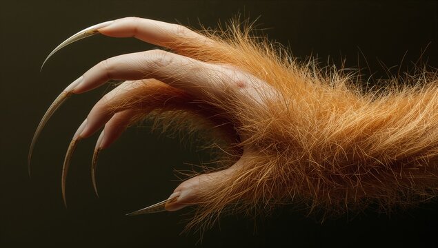 Showing rusty-orange furred forelimb revealing long curved talon-like nails and knuckles in studio
