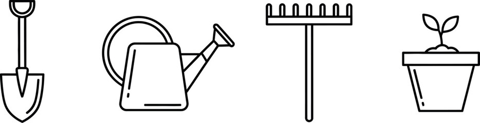 Obraz premium Black outline icons represent essential gardening tools including a spade a watering can a rake and a seedling in a pot