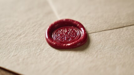 Glossy red wax seal on textured envelope paper, vintage stationery composition with warm lighting on wooden background