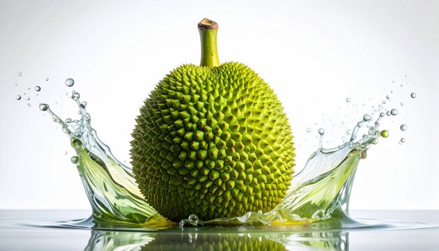 Fresh jackfruit splash with water droplets isolated on white background