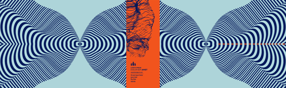 The contact of striped volumetric structures or shapes. Optical illusion pattern. Abstract geometric background creates a sense of movement. Wavy structure reflected horizontally. Copy space. Vector.