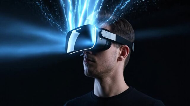 Young man wearing virtual reality glasses on dark background, exploring augmented reality, futuristic technology, VR projection, neon lights, and immersive 3D experience.