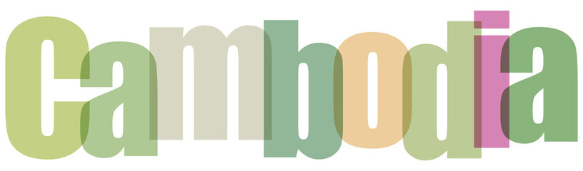 Cambodia text design with overlapping colorful letters in green, beige, orange, and pink shades on a clean white background, ideal for travel and cultural themes © Sali Lover