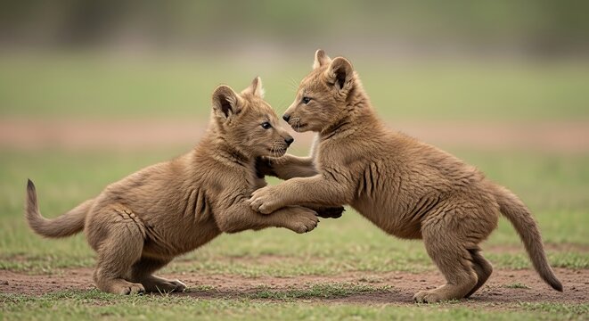 Playful cubs engaging in a friendly tussle on a grassy field
