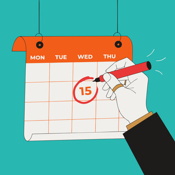Hand circling the 15th on a colorful weekly calendar hanging by strings