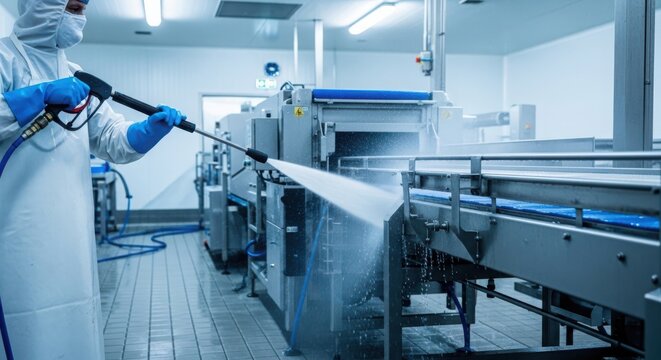 Worker in protective suit cleaning industrial food processing machine