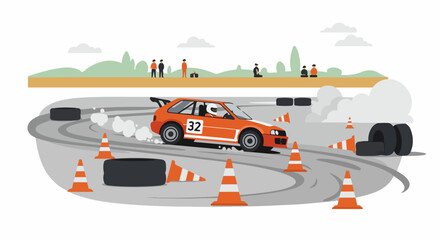Autocross race event illustration with an orange car drifting and burning rubber past traffic cones and spectators. © Sabrina