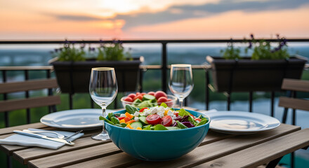 Fototapeta premium A beautifully set table with a salad on a balcony overlooking the city at sunset