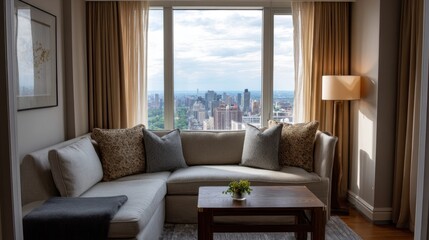 Fototapeta premium Modern living room with a sectional sofa, decorative pillows, wooden coffee table, and large windows showcasing a city skyline view in a bright, stylish apartment