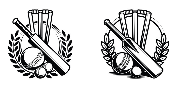 Illustrative cricket equipment featuring a bat balls stumps and laurel wreath in a graphic emblem design