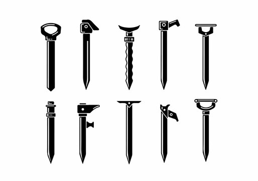 Set of ten black and white vector icons representing different camping tent pegs, climbing pitons, and outdoor equipment ground stakes.