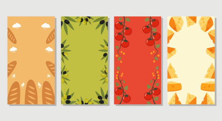 Italian Food Themed Vertical Backgrounds: Bread, Olives, Tomatoes, Cheese © motherpixel