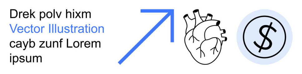 Obraz premium Healthcare analytics, finance growth, investment planning, medical economics, risk assessment, progress tracking. Blue arrow, heart outline dollar symbol in circle. Healthcare analytics and finance